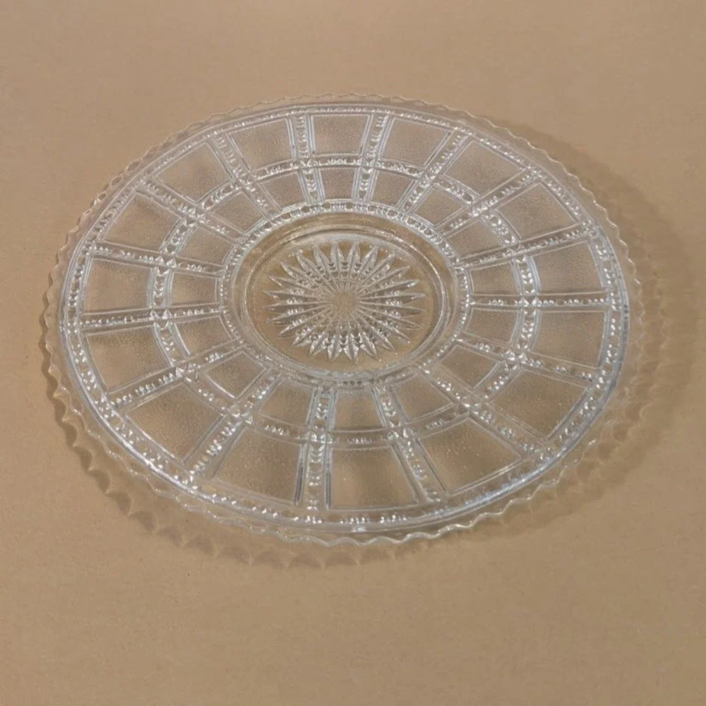 Vintage Clear Pressed Glass Round Platter Sunburst Scalloped Sawtooth Edge